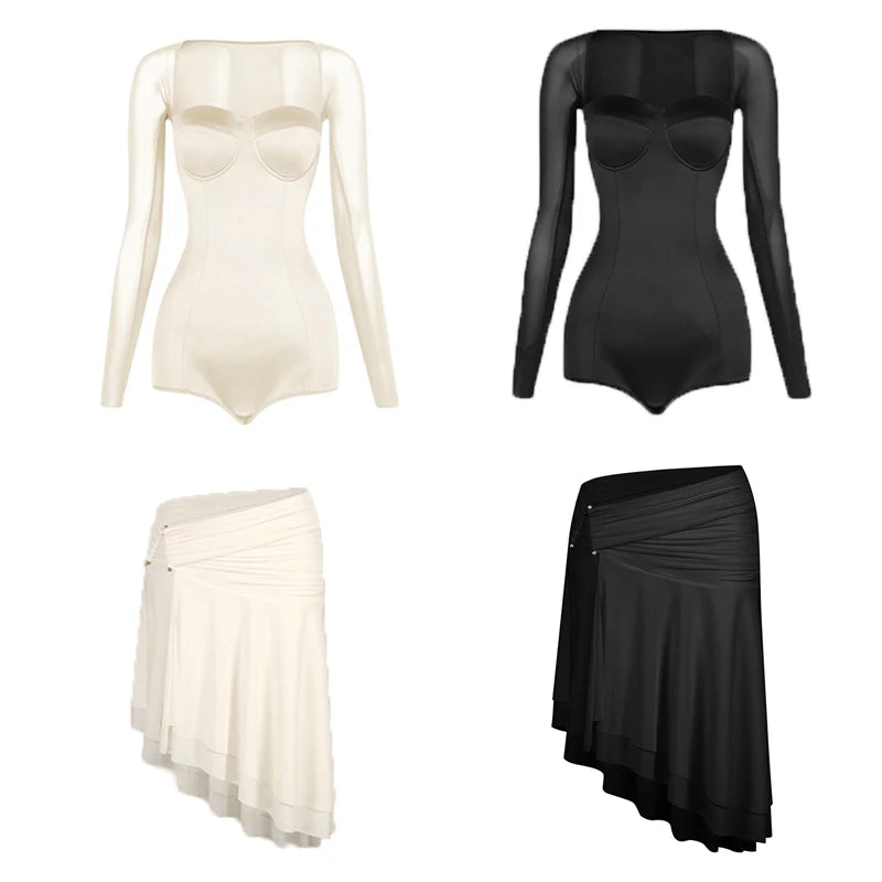 Women's White Long Sleeve Mesh Bodysuit & Asymmetrical Skirt Latin Dance Dress