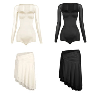 Women's White Long Sleeve Mesh Bodysuit & Asymmetrical Skirt Latin Dance Dress