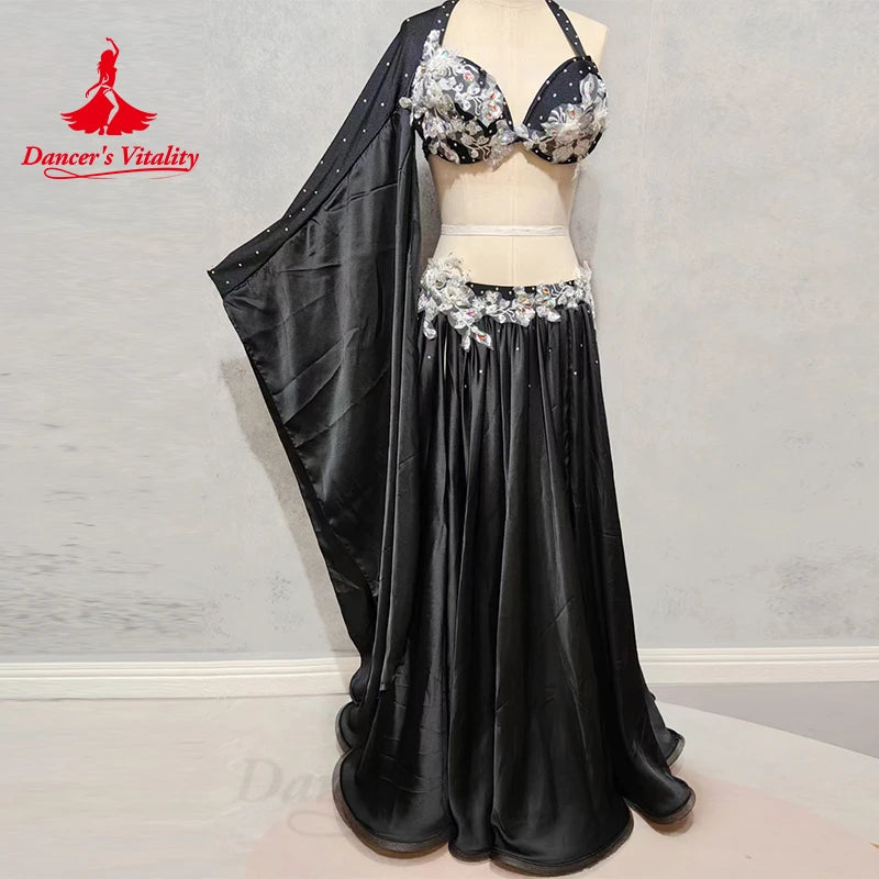 Belly Dance Costume Women's Royal Blue Satin Halter Bra Skirt Set with White Floral Applique and Arm Sleeves