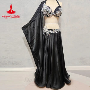 Belly Dance Costume Women's Royal Blue Satin Halter Bra Skirt Set with White Floral Applique and Arm Sleeves