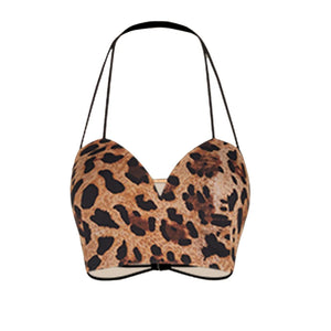 Dance Crop Top and Skirt Set Women's Black and Leopard Print Halter Neck Sweetheart Ruffle Hem Latin Dancewear