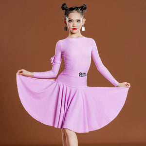 Girls Latin Dance Dress, Long Sleeve, Pleated Skirt, Ballroom Performance Costume