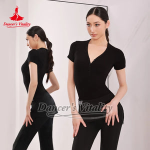 Women's Pink Ribbed Long Sleeve V-Neck Bodysuit with Thumbholes, Latin Ballroom Dance