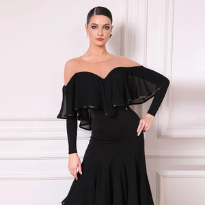 Women's Black Off-Shoulder Ruffled Long Sleeve Ballroom Dance Dress with Tiered Skirt