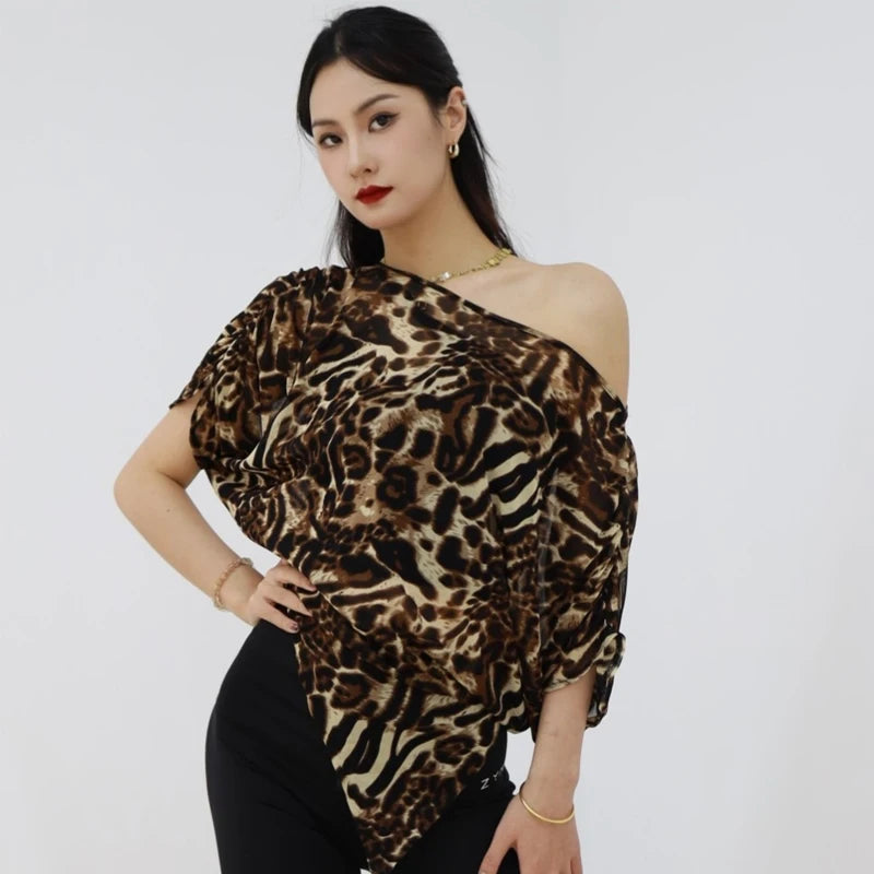 Women's Brown Leopard Print Off-Shoulder Batwing Sleeve Latin Dance Top