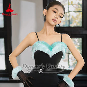 Women's Black & Aqua Fringe Latin Dance Dress with Spaghetti Straps