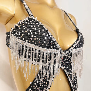 Women's Black Sequin Fringe Cutout Mini Dress Belly Dance Costume