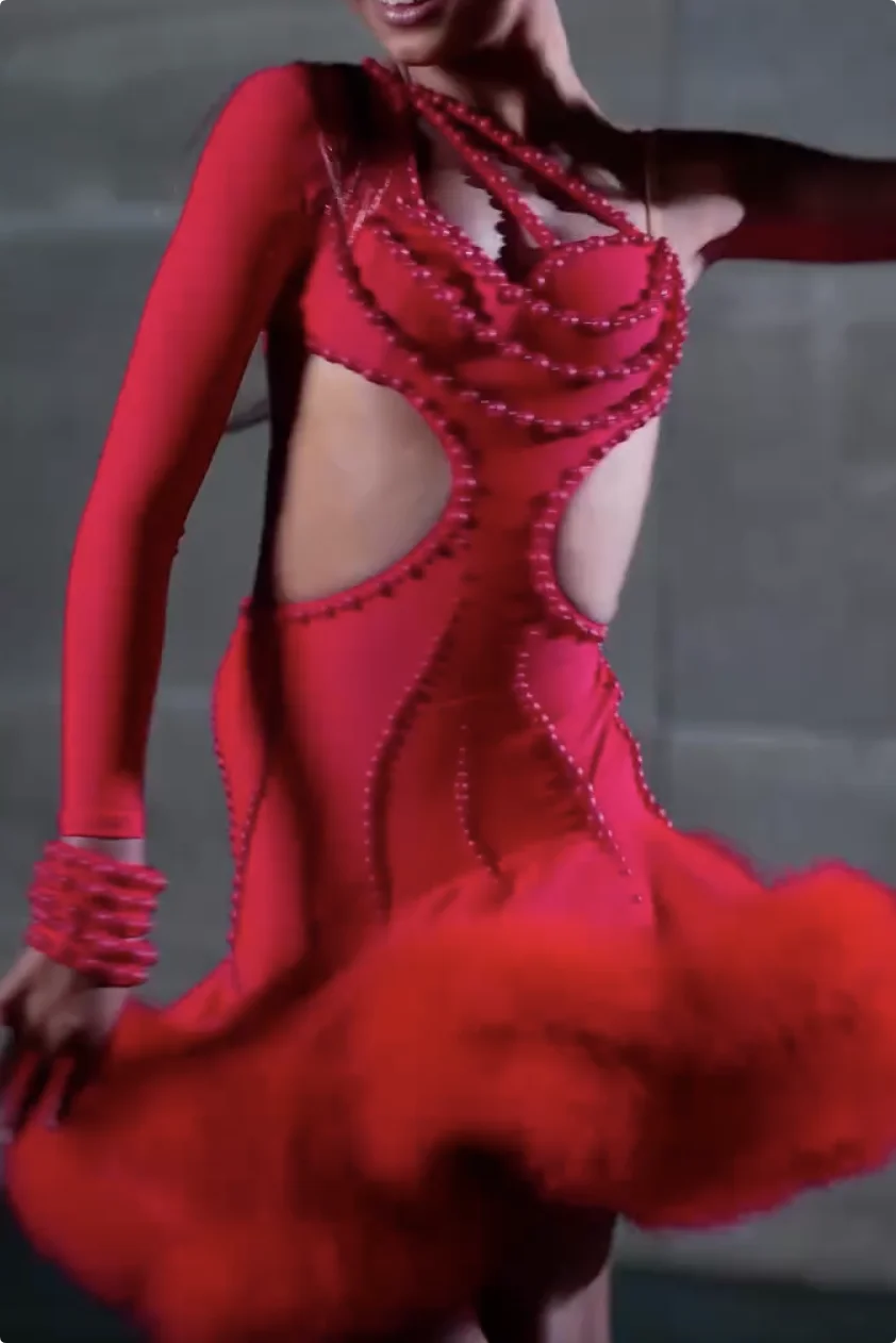 Women's Red Latin Dance Dress, Cut-Out Beaded Spandex Rhythm Ballroom Gown