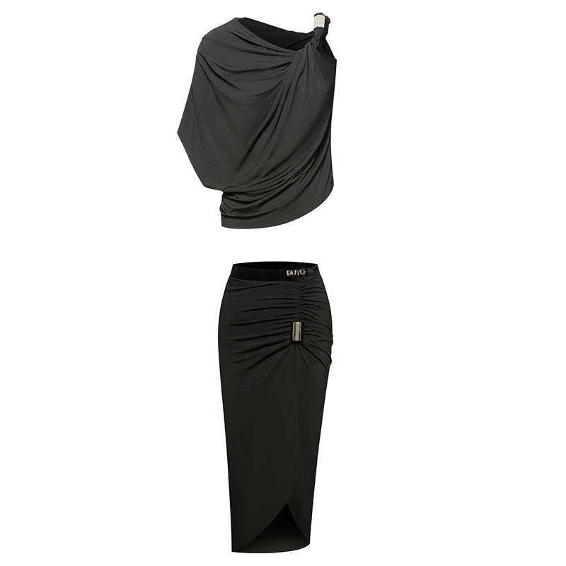 Women's Red & Black Drape Asymmetrical Slit Latin Dance Dress with Buckle Detail