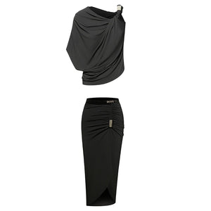 Women's Red & Black Drape Asymmetrical Slit Latin Dance Dress with Buckle Detail