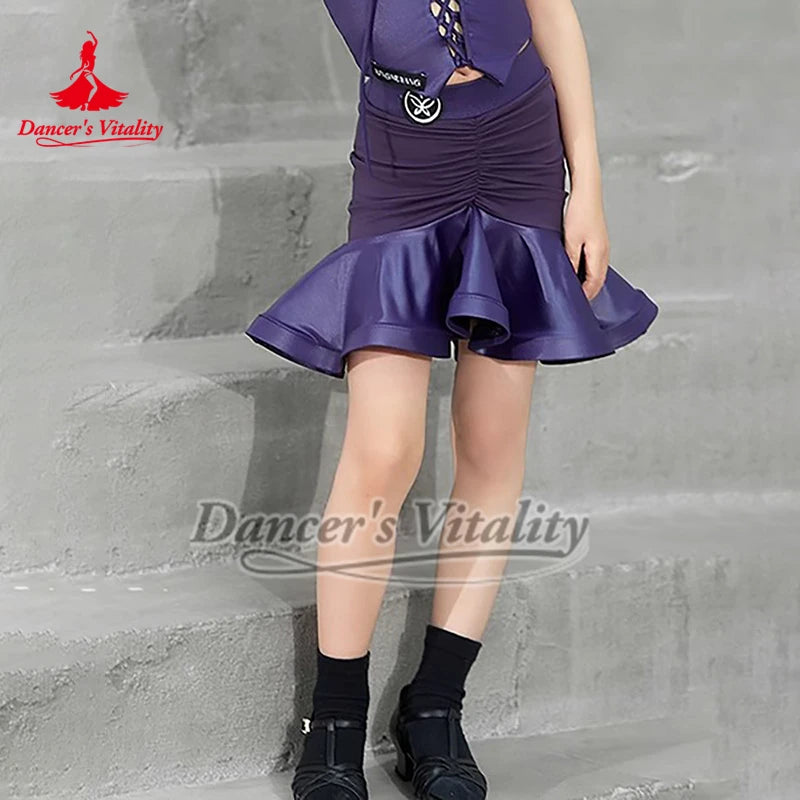 Girls' Purple Halter Lace-Up Ruffled Latin Dance Dress