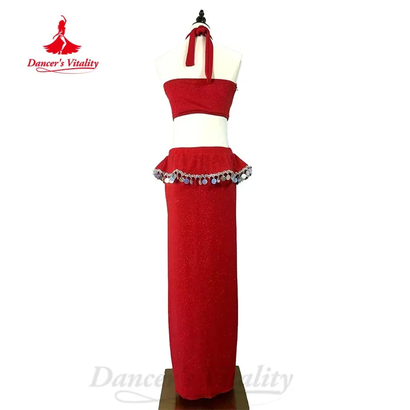 Belly Dance Costume Women's Red Halter Crop Top & Sequin Ruffle Maxi Skirt Set, Shimmer Fabric