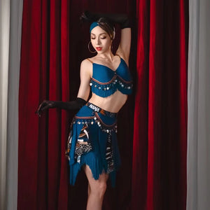 Belly Dance Costume Women Blue Fringe Sequined Skirt Top Set Tribal Fusion Dancewear
