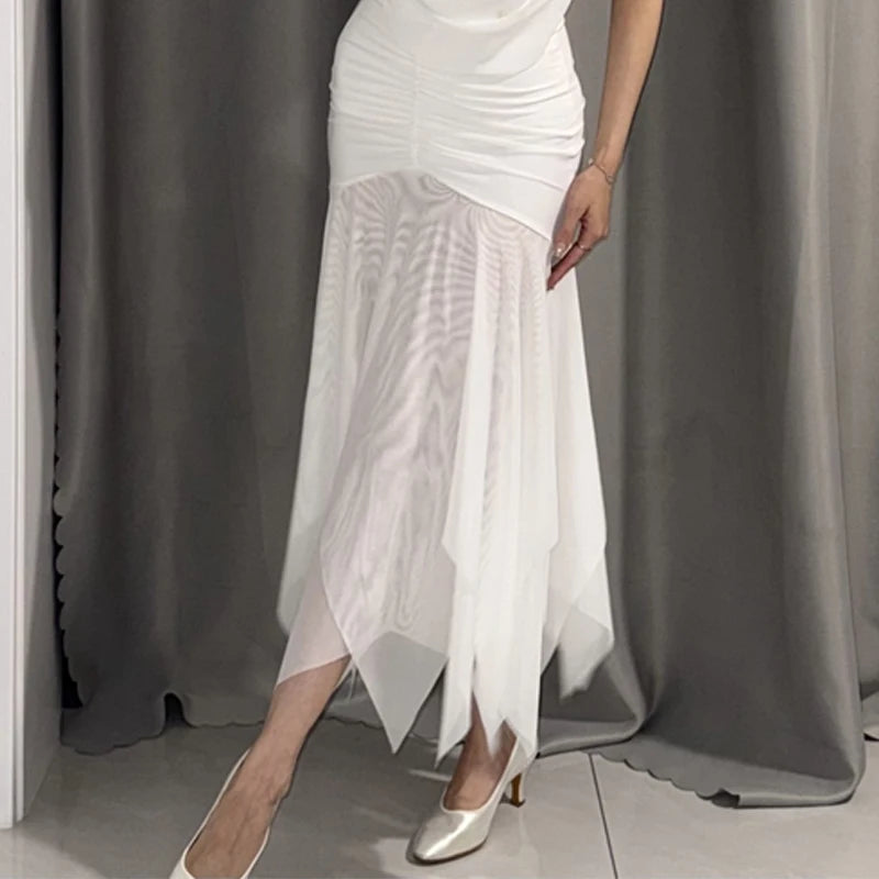 Women's White Halter Neck Ruffled Mesh Hem Latin Dance Dress