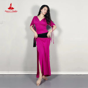 Belly Dance Dress Women's Magenta Slit-Skirt V-Neck Short Sleeve with Black Sash Lycra Spandex Performance Costume