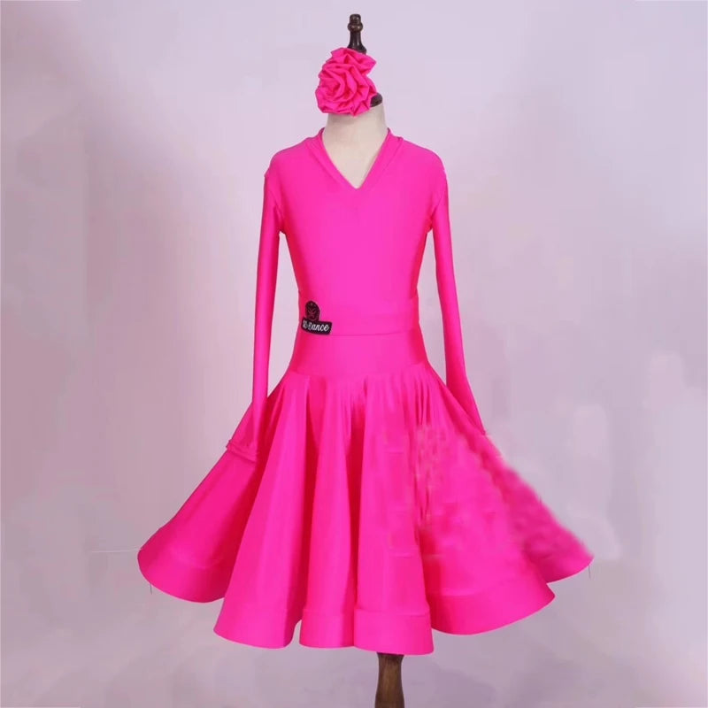 Girls Ballroom Dance Dress Red, Pink, Green, Yellow, Lime Green, Purple Long Sleeve V-Neck Competition Costume