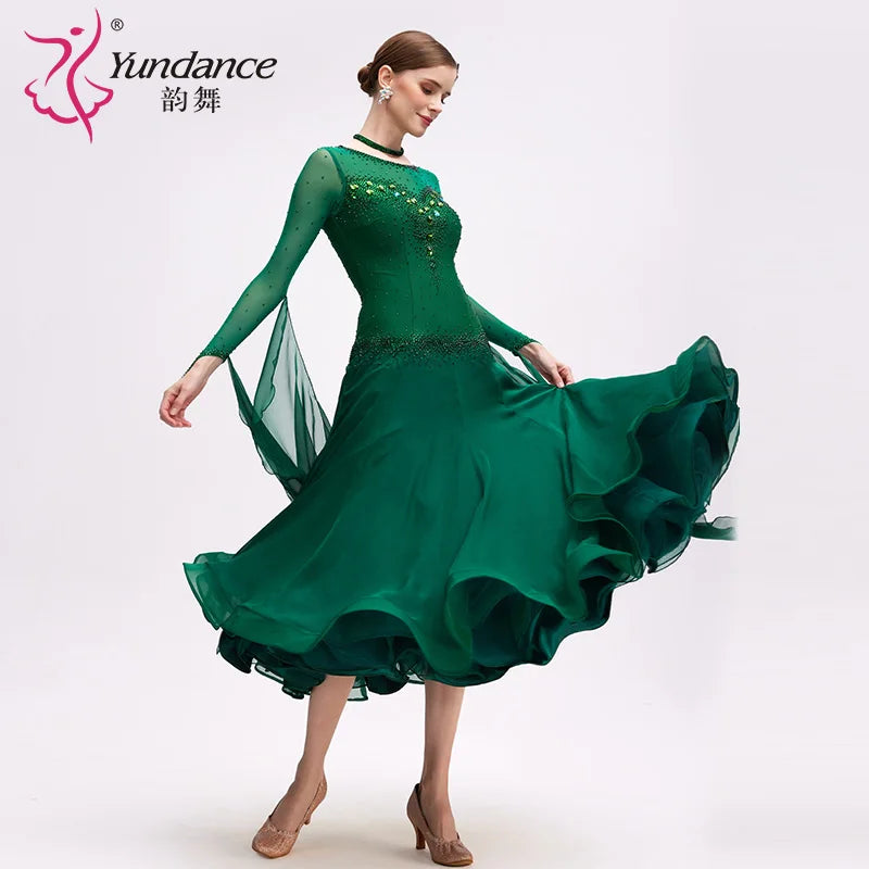 Women's Standard Ballroom Dance Dress Long Chiffon Green For Competition