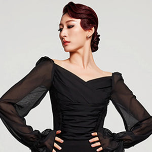 Women's Black & White Chiffon & Spandex Ruffled Wide-Leg Ballroom Dance Pants & Blouse Set