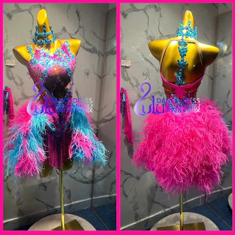 Latin Dance Dress Women Pink Blue Feather Sequin Fringe Halter Neck Backless Short Performance Costume