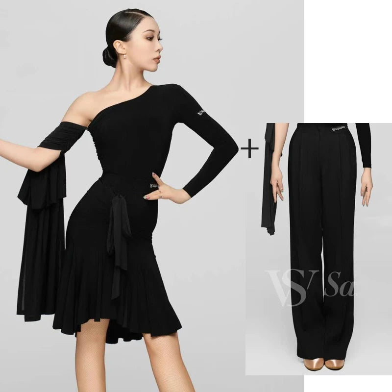 Women's Black & White One-Shoulder Ruched Latin Dance Dress with Flowing Sleeves