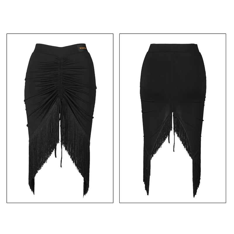 Women's Black Ruched Fringe Asymmetrical Latin Dance Skirt