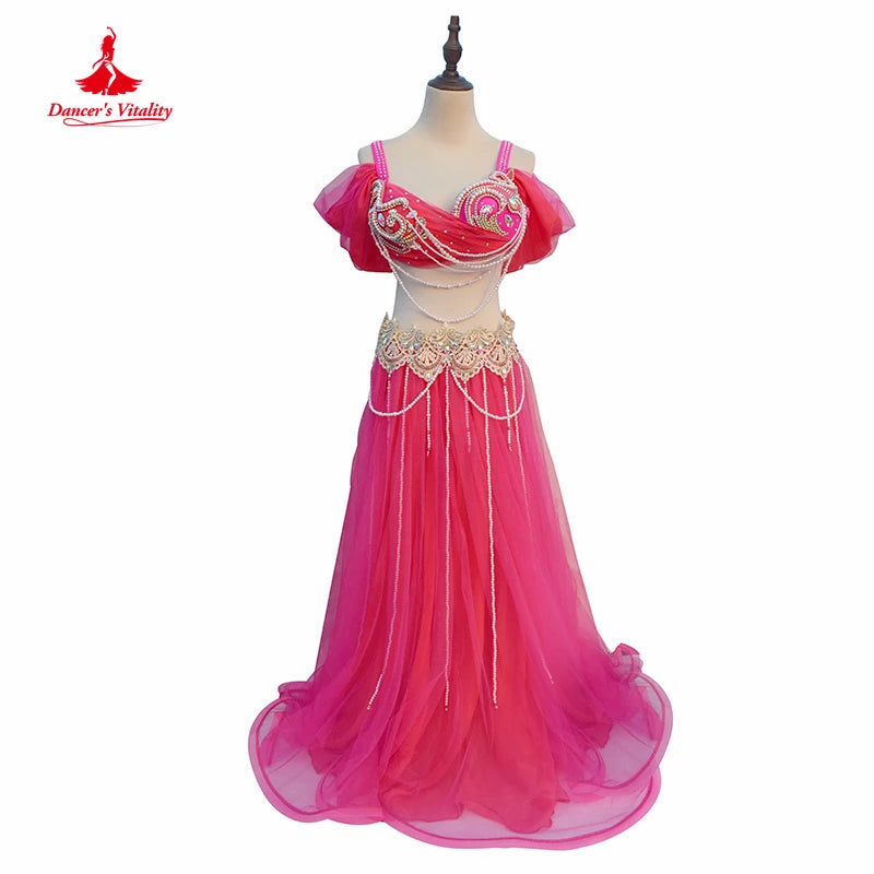 Belly Dance Costume Women's Lavender Chiffon Off-Shoulder Top with Embellished Bra & Long Skirt Set for Performance