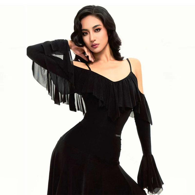 Women's Black Ruffled Cold Shoulder Mesh Ballroom Dance Dress