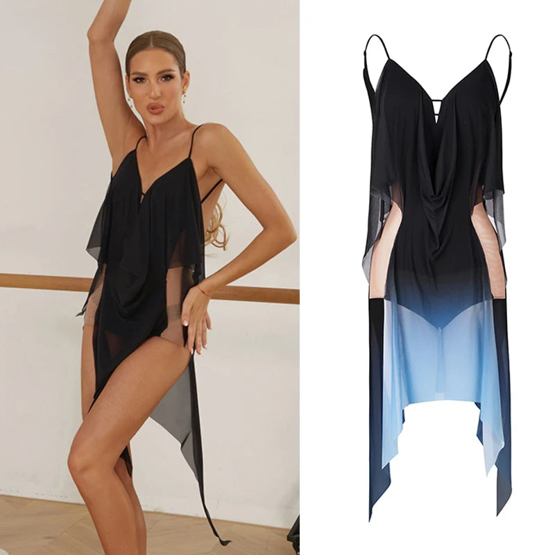 Women's Black & Blue Ombre Mesh Asymmetrical Latin Dance Dress