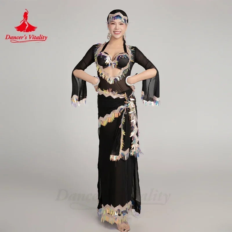 Women's Belly Dance Baladi Saidi 4-Piece Costume Set With Robe, Bra, Headscarf, Hip Scarf For Competition