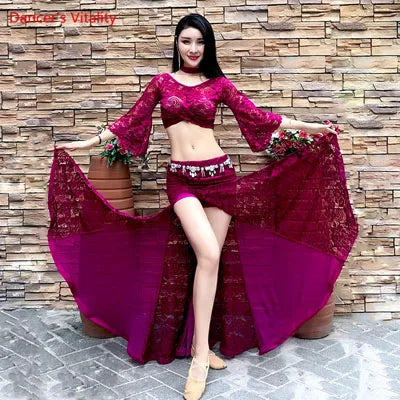 Women's Fuchsia Lace Bell Sleeve Crop Top and Mermaid Skirt Set - Belly Dance