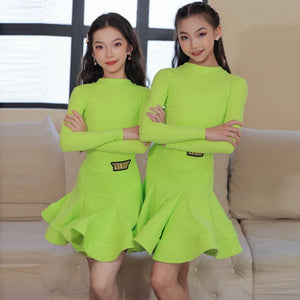 Girls' Neon Green Long Sleeve Mock Neck Pleated Skirt Latin Dance Dress