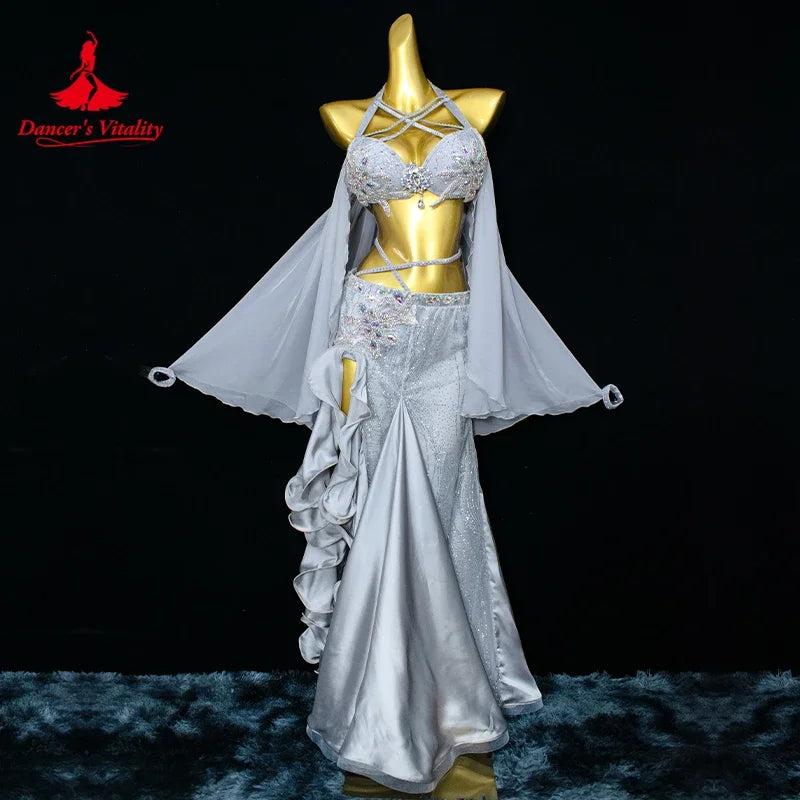 Belly Dance Costume Women's Silver Sequin Halter Top Chiffon Sleeve Slit Skirt Set, Adult