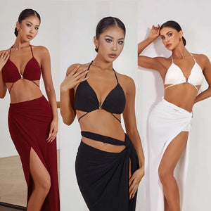 Women's Halter Neck Ruched Two-Piece Set with High Slit Skirt, Red, Black, White, Latin Dance