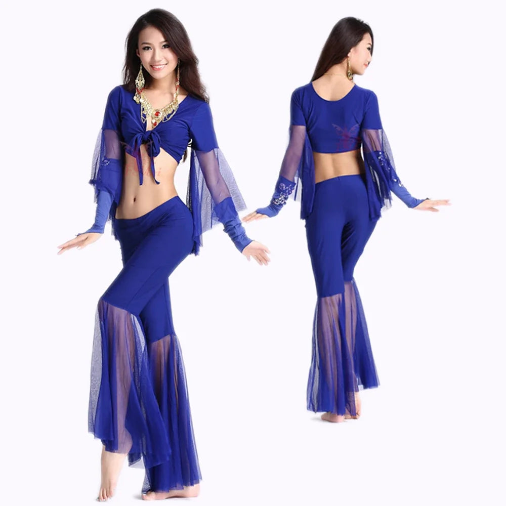 Belly Dance Costume Women's Purple Chiffon Long Sleeve Crop Top and Flare Pants Set