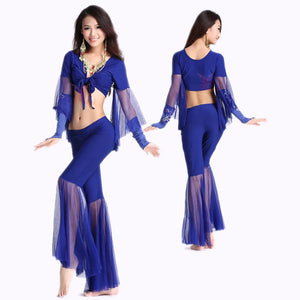 Belly Dance Costume Women's Purple Chiffon Long Sleeve Crop Top and Flare Pants Set