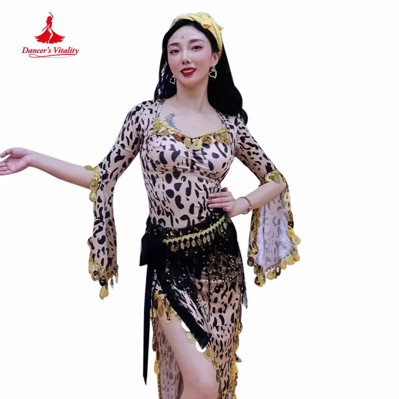 Belly Dance Costume Women's Leopard Print Gold Coin Long Dress with Bell Sleeves and Hip Scarf