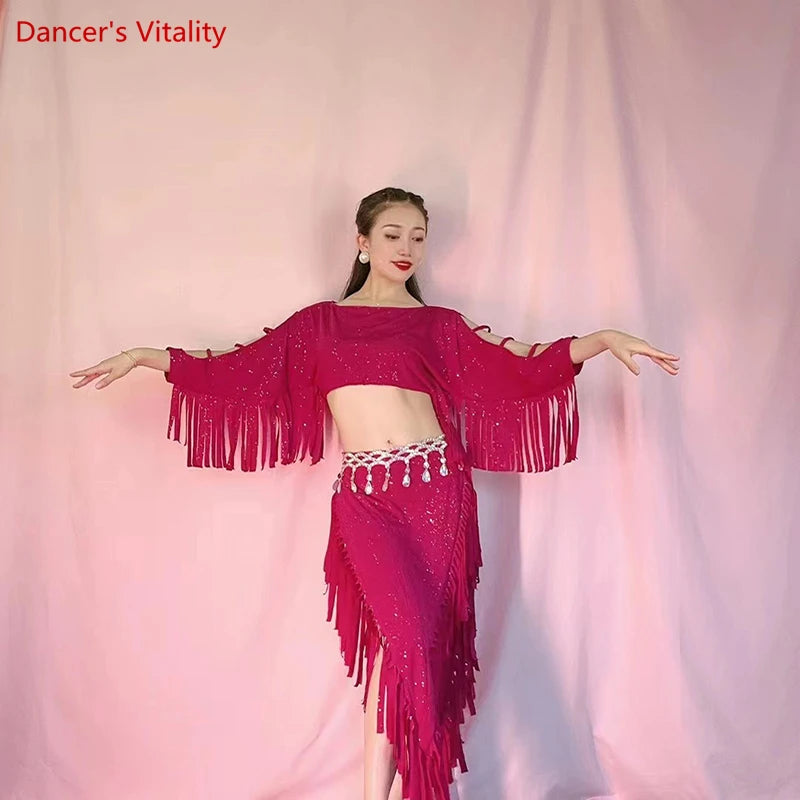 Women's Fuchsia Sequin Fringe Off-Shoulder Crop Top & Skirt Belly Dance Costume