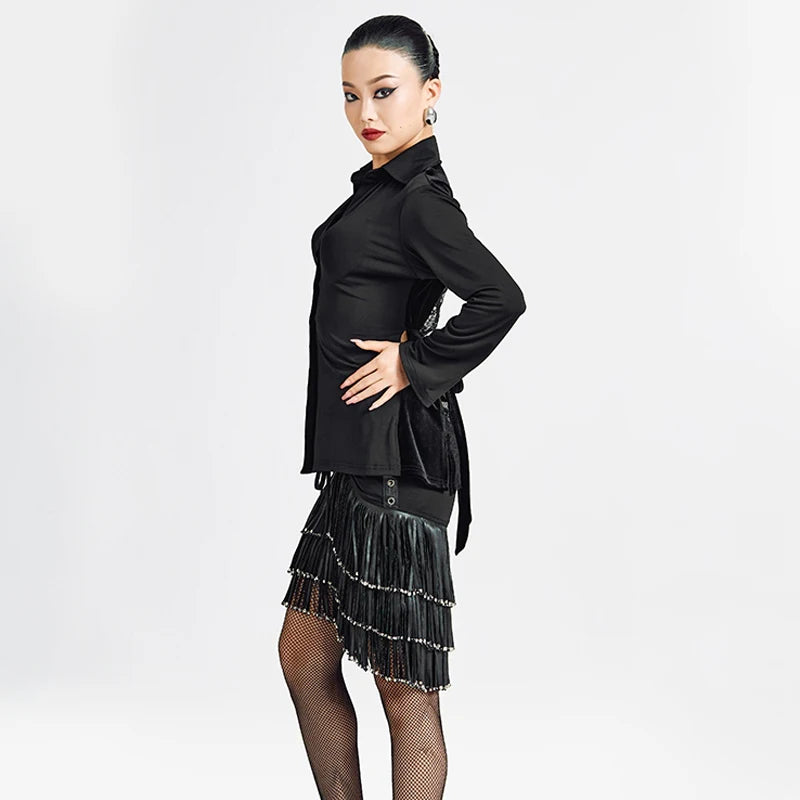 Women's Black Long Sleeve Button-Front Dance Shirt with Tiered Fringe Latin Skirt