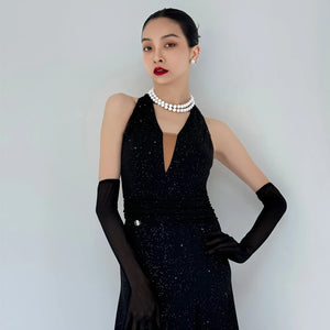 Women's Black Sequin Halter Neck Midi Dance Dress with Gloves and Lace Tights for Ballroom Dance