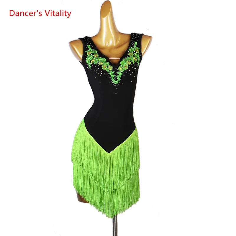 Women's Black & Neon Green Fringe Latin Dance Dress with Appliques & Rhinestones