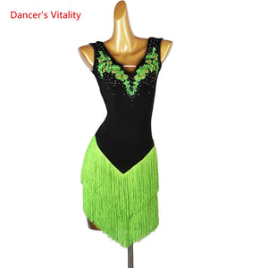 Women's Black & Neon Green Fringe Latin Dance Dress with Appliques & Rhinestones