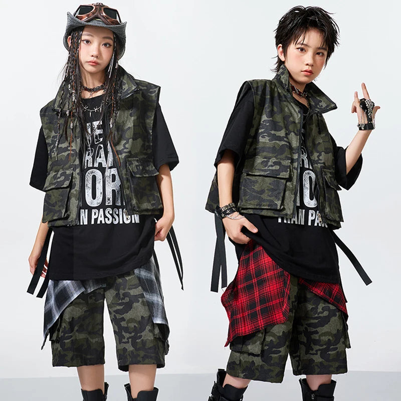 Kids Camouflage Hip Hop Dance Vest & Shorts Set, Black/Green/Red/White Cotton Blend, Street Dance
