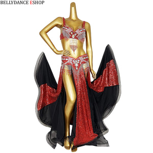 Belly Dance Costume Women Yellow & Gold Sequin Chiffon Bra Belt Skirt Set with Rhinestone Fringe