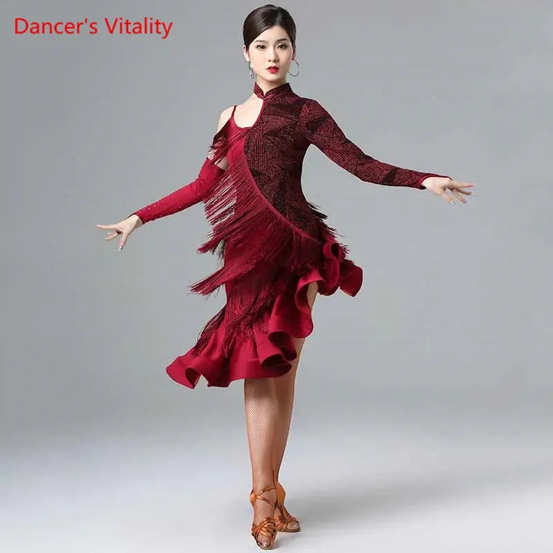 Women's Gold & Grey Asymmetrical Fringe Latin Dance Dress with Long Sleeves