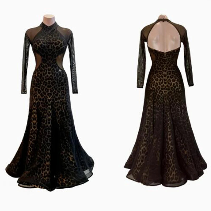 Women's Black Leopard Print Mesh Halterneck Ballroom Dance Dress