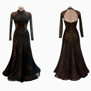 Women's Black Leopard Print Mesh Halterneck Ballroom Dance Dress