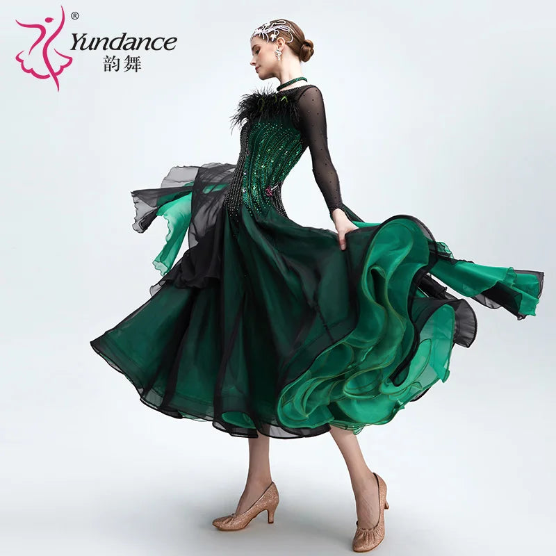 Women's Long Standard Ballroom Dance Dress In Chiffon With Rhinestones For Competition