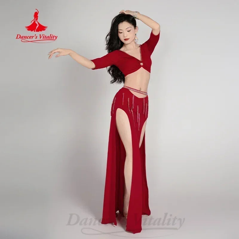 Belly Dance Costume Women Light Green V-Neck Crop Top with Half Sleeves and High-Slit Maxi Skirt with Rhinestone Fringe