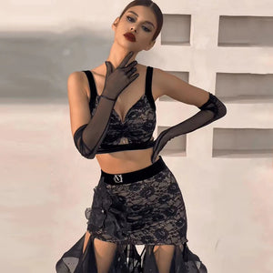 Women's Black Lace Velvet Mesh Latin Ballroom Dance Crop Top and Skirt Set with Slit Hem, Floral Applique