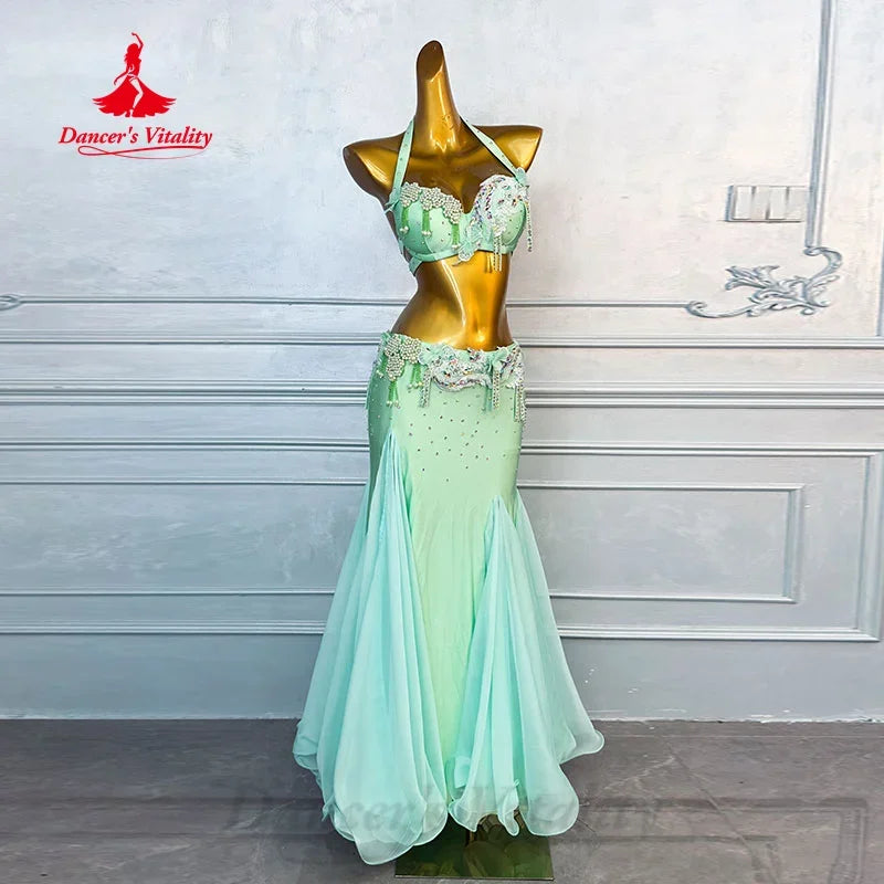 Women's Belly Dance 2-Piece Costume Set With AB Rhinestone Bra and Fishtail Skirt For Performance